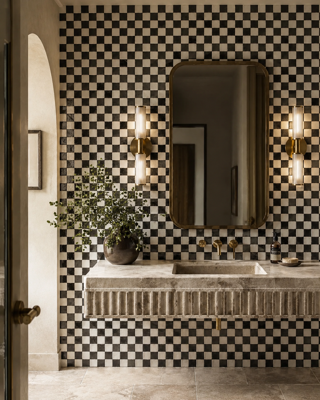2X2 Checkerboard Zellige in Ivory Cloud and Black