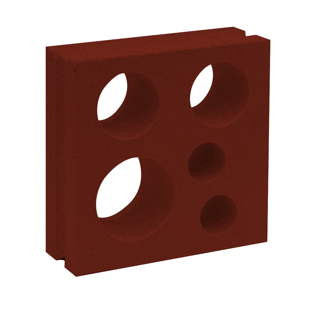 The Jami by New York Cement Tile is a red square breeze block with four circular holes in a grid pattern.