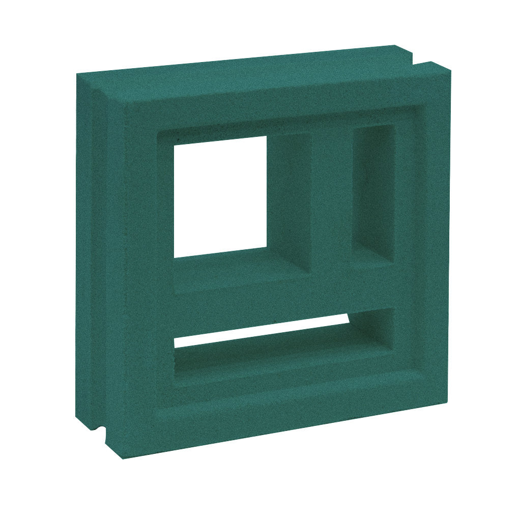 The Katai Sample by New York Cement Tile is a green mid-century modern breeze block with three varied rectangular openings.