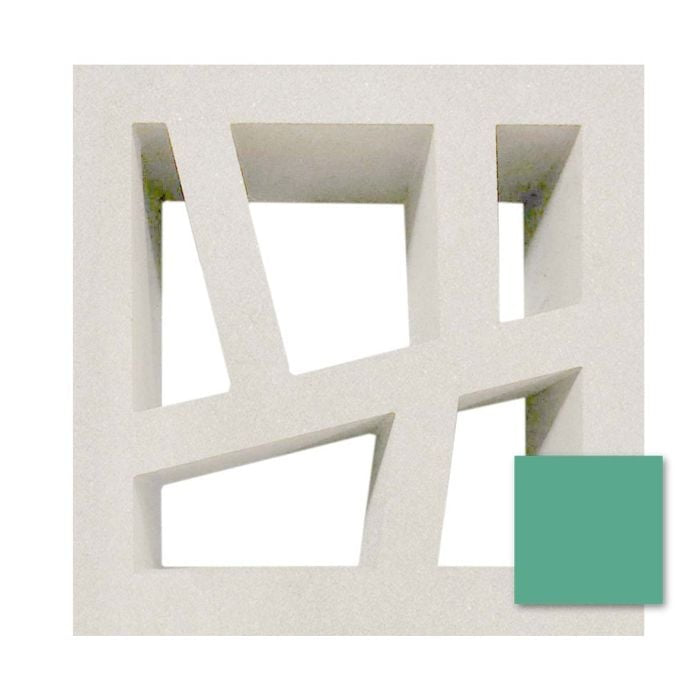 Large Kyush by New York Cement Tile: white geometric breeze block with three asymmetrical square openings; green swatch overlaps.