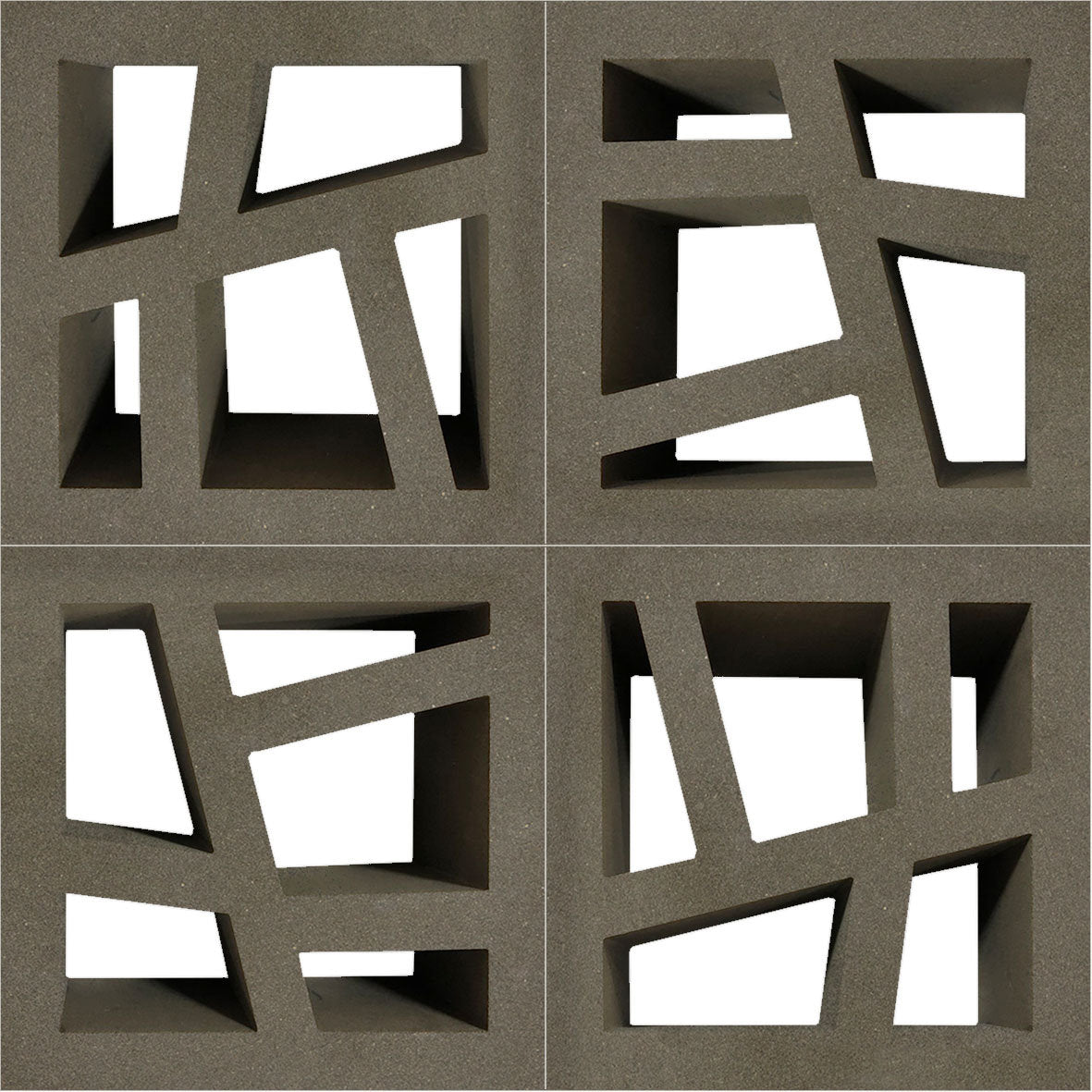 The Kyush Sample by New York Cement Tile features four mid-century concrete blocks with abstract cutouts for decorative appeal.