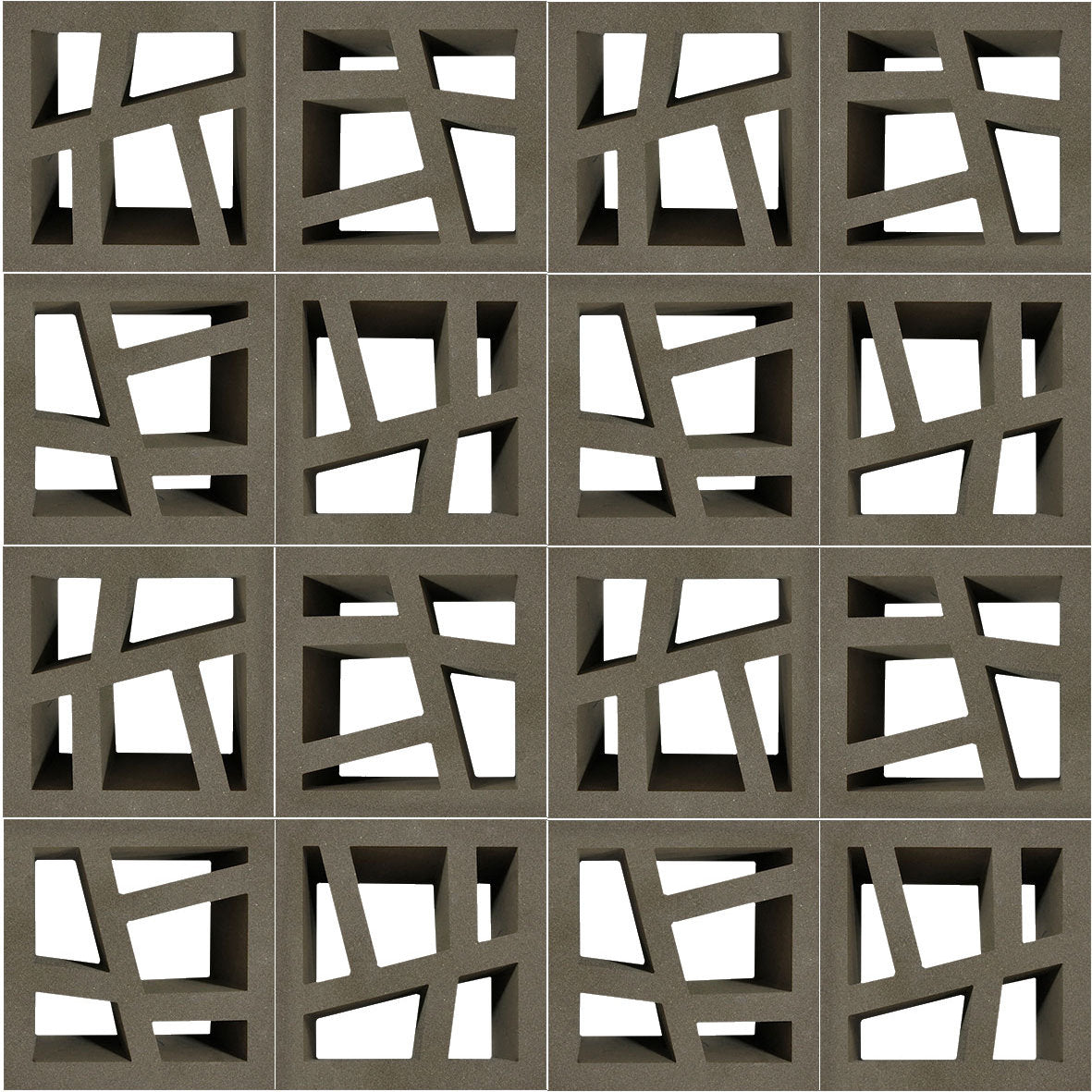The Kyush Sample by New York Cement Tile features a 4x4 grid of mid-century modern concrete screen blocks with unique openings.
