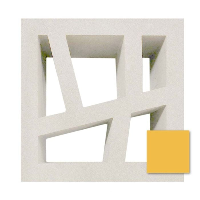 The Large Kyush by New York Cement Tile is a white breeze block with irregular cutouts and a small yellow square.