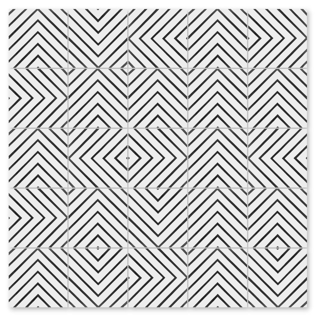 The N20-437 B&W tile by New York Cement Tile features black and white chevron and diamond patterns with diagonal lines.