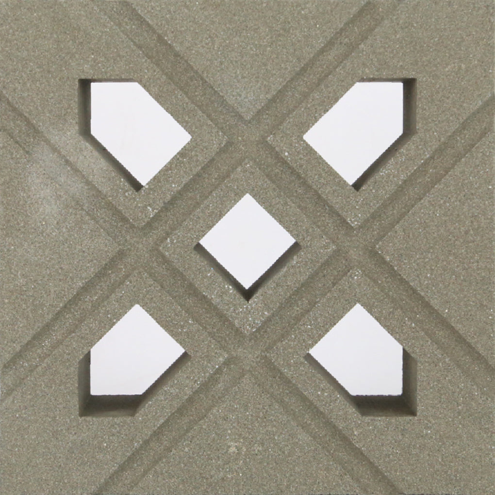 The Lana tile by New York Cement Tile features gray concrete with X and diamond cutouts, ideal for mid-century partitions.
