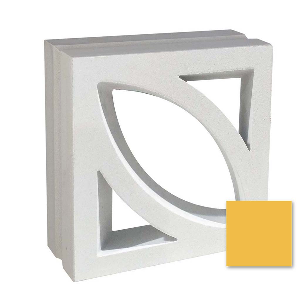 The New York Cement Tile Large Bev is a white mid-century modern concrete screen with a leaf cutout, shown with mustard yellow.