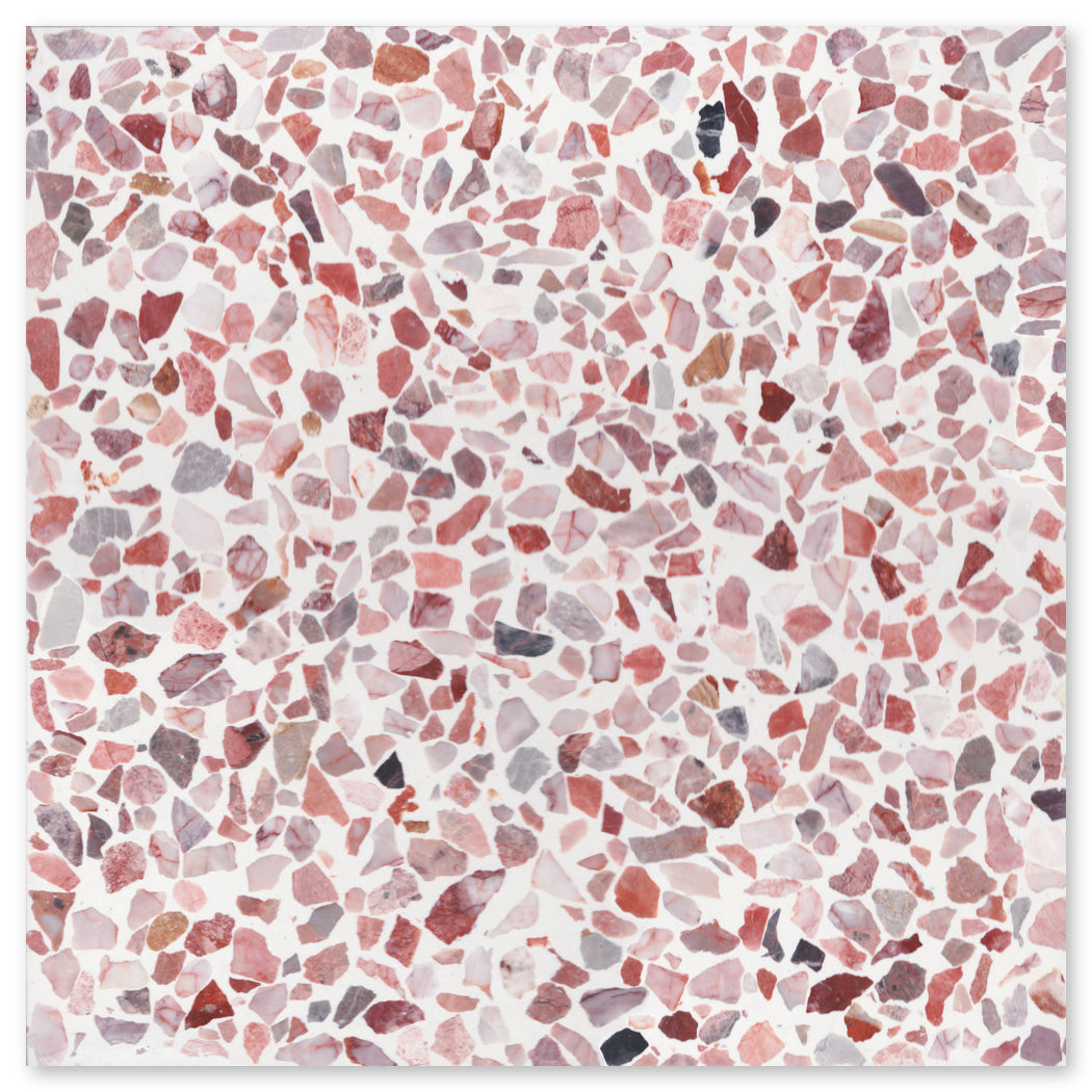 A close-up of New York Cement Tile's TERRAZZO 24X24 - Cheeky sample, highlighting its unique patterns and durability.