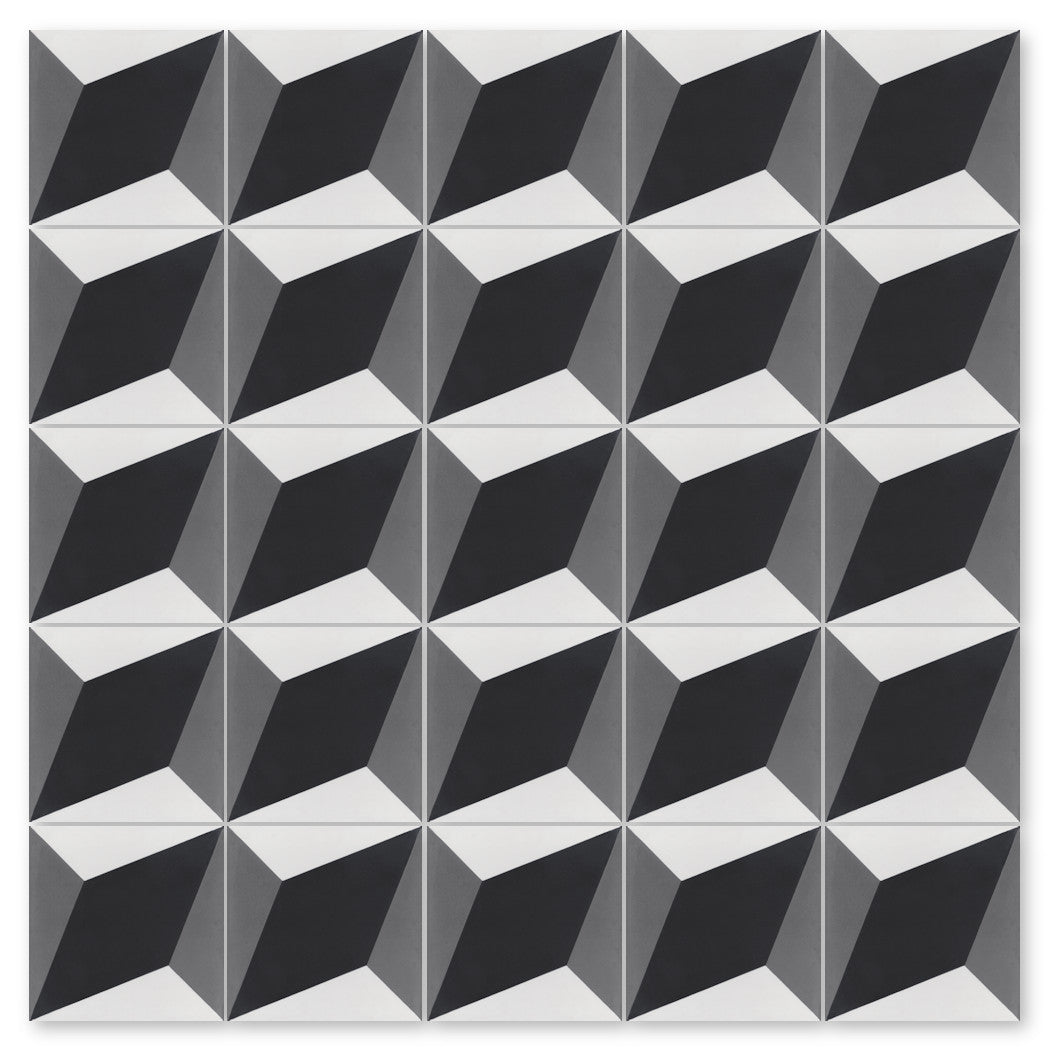 N20-034 Extra Sample by New York Cement Tile features a geometric black, white & gray 3D cube grid, like handmade cement tiles.