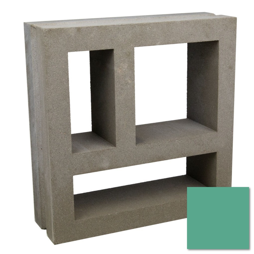 The Large Kaua Sample by New York Cement Tile is a rectangular gray breeze block with three open sections and a teal swatch.