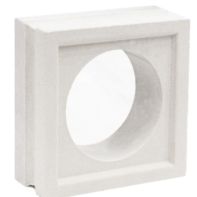 The Large Maldy sample by New York Cement Tile is a white mid-century modern breeze block with a central circular hole.