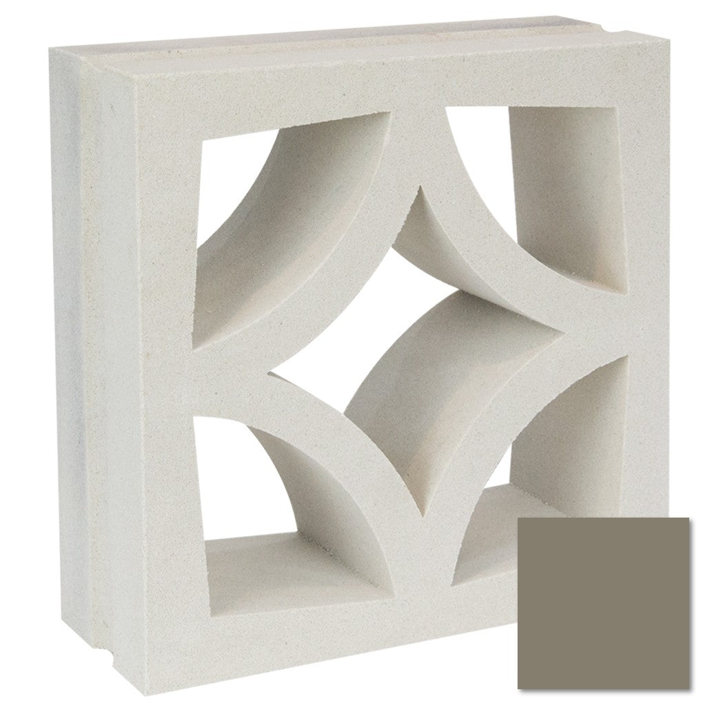 The Large Malta breeze block by New York Cement Tile features geometric cutouts in off-white, plus a gray color swatch.