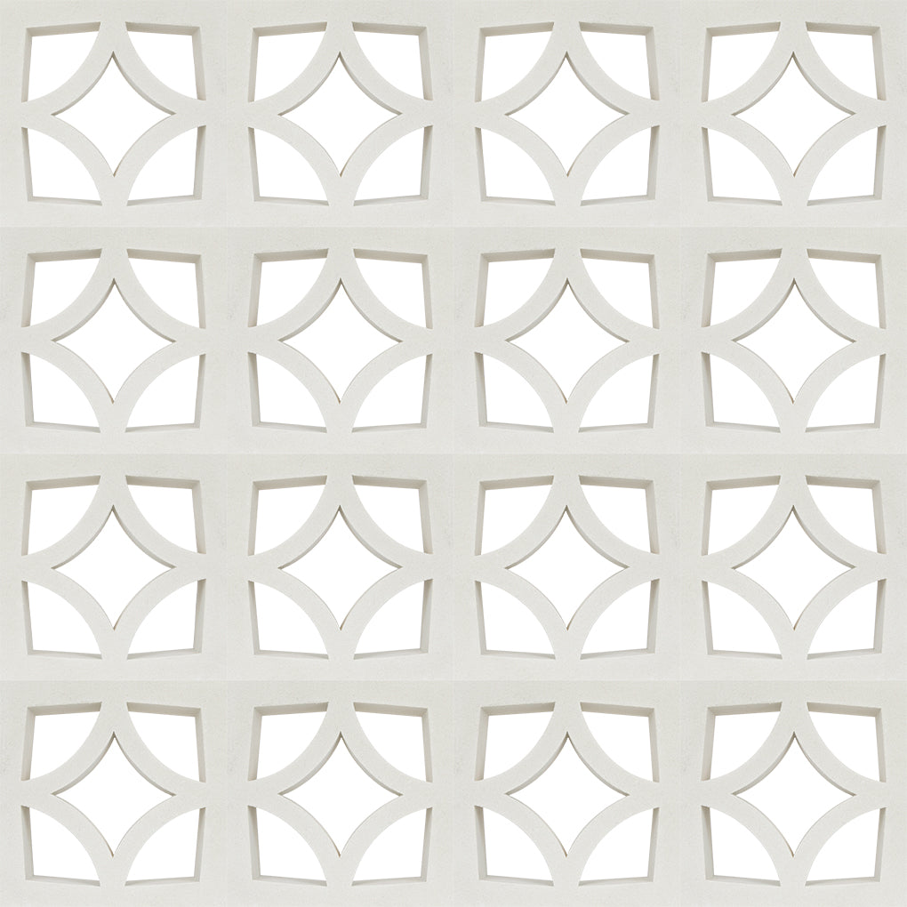 The Large Malta by New York Cement Tile features a white mid-century geometric lattice pattern with curved square cutouts.