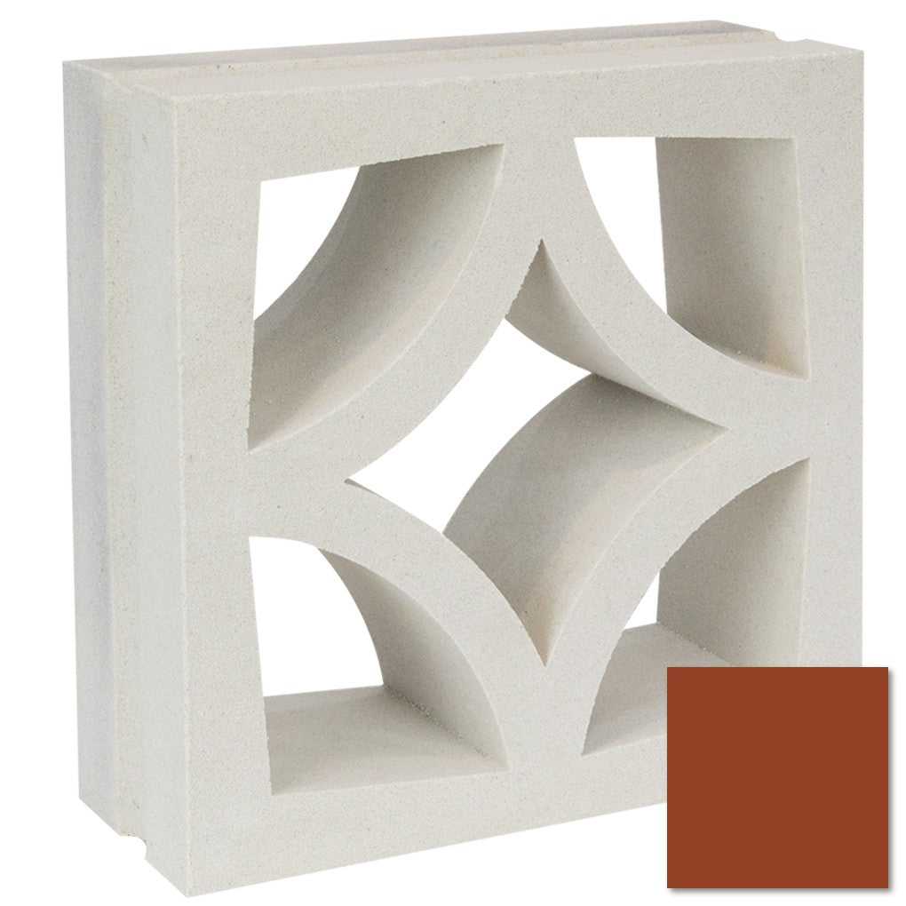 Large Malta by New York Cement Tile: a decorative white concrete screen with curved cutouts, shown next to reddish-brown swatch.