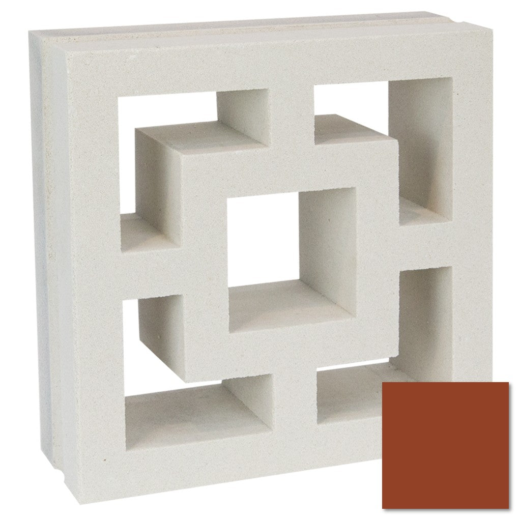 The Large Tong by New York Cement Tile is a decorative white breeze block with a geometric pattern; brown swatch shown.