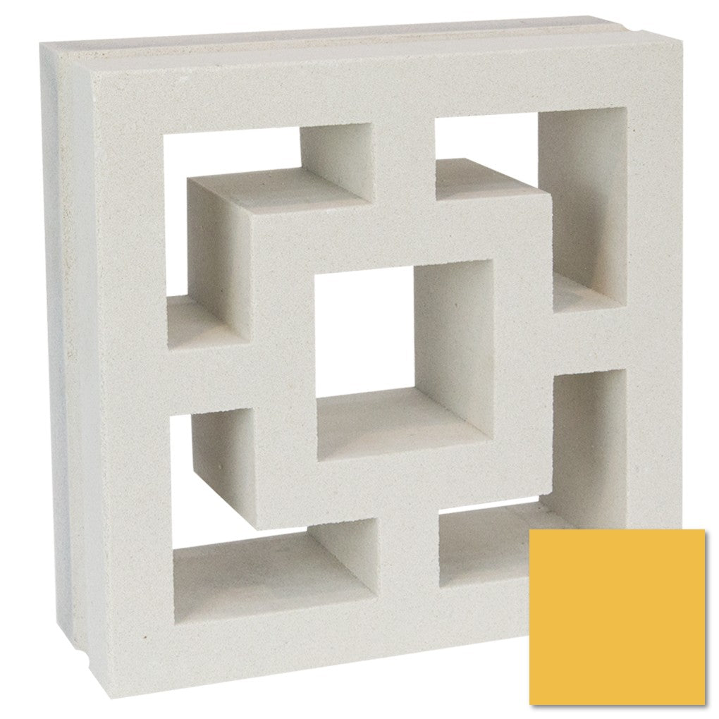 The Large Tong by New York Cement Tile is a white breeze block with geometric cutouts and a mustard yellow corner swatch.