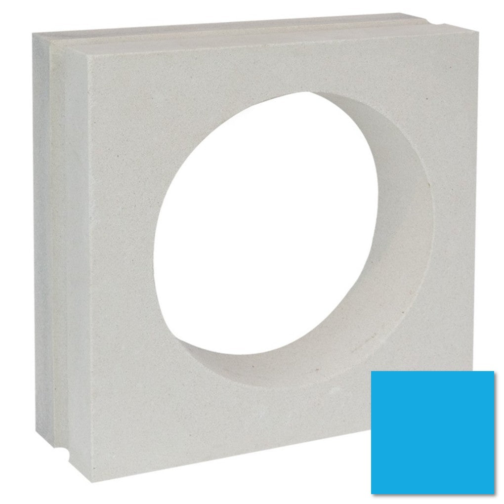 The Large Tortie Sample by New York Cement Tile is a white concrete privacy screen with a round hole and small blue square.