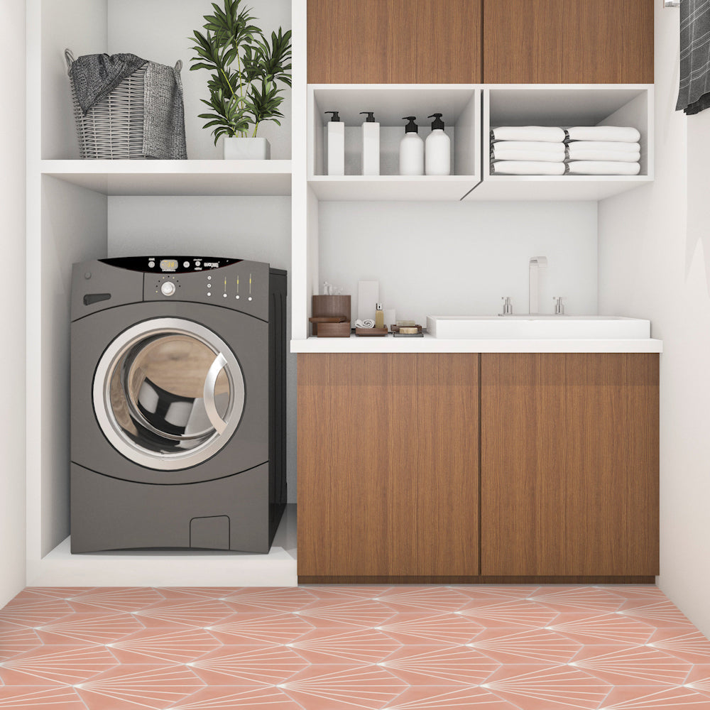 Modern laundry room with front-load washer, wooden cabinets, and NH23-036 - 5505 tile by New York Cement Tile on floor.