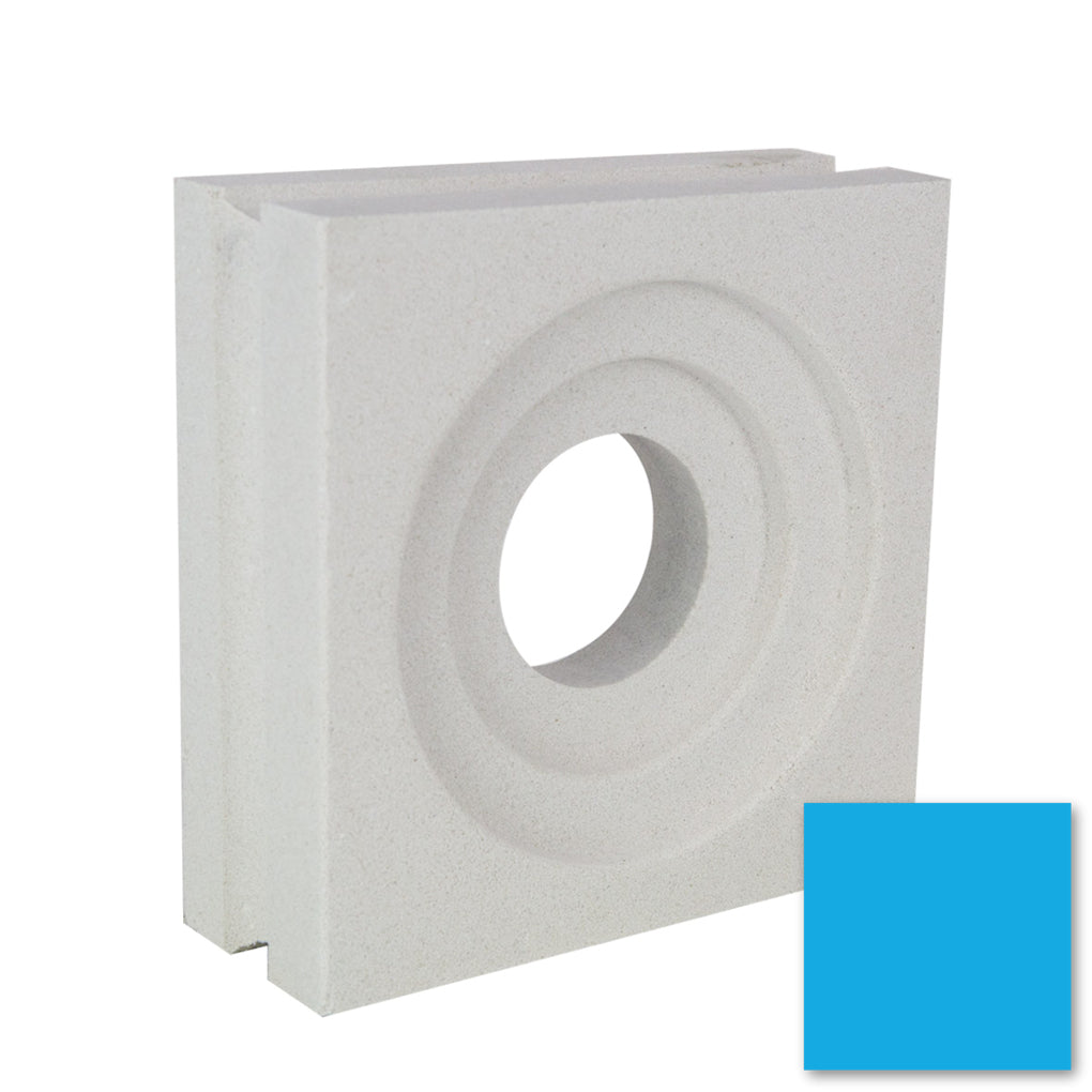 Luzi Sample by New York Cement Tile: square white gypsum breeze block with circular hole, grooves, blue corner swatch.