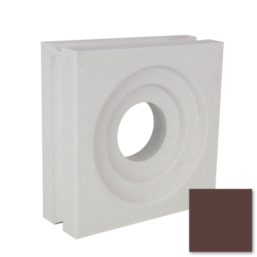 Luzi Sample by New York Cement Tile—square white rosette breeze block with groove/hole and brown swatch for partitions.