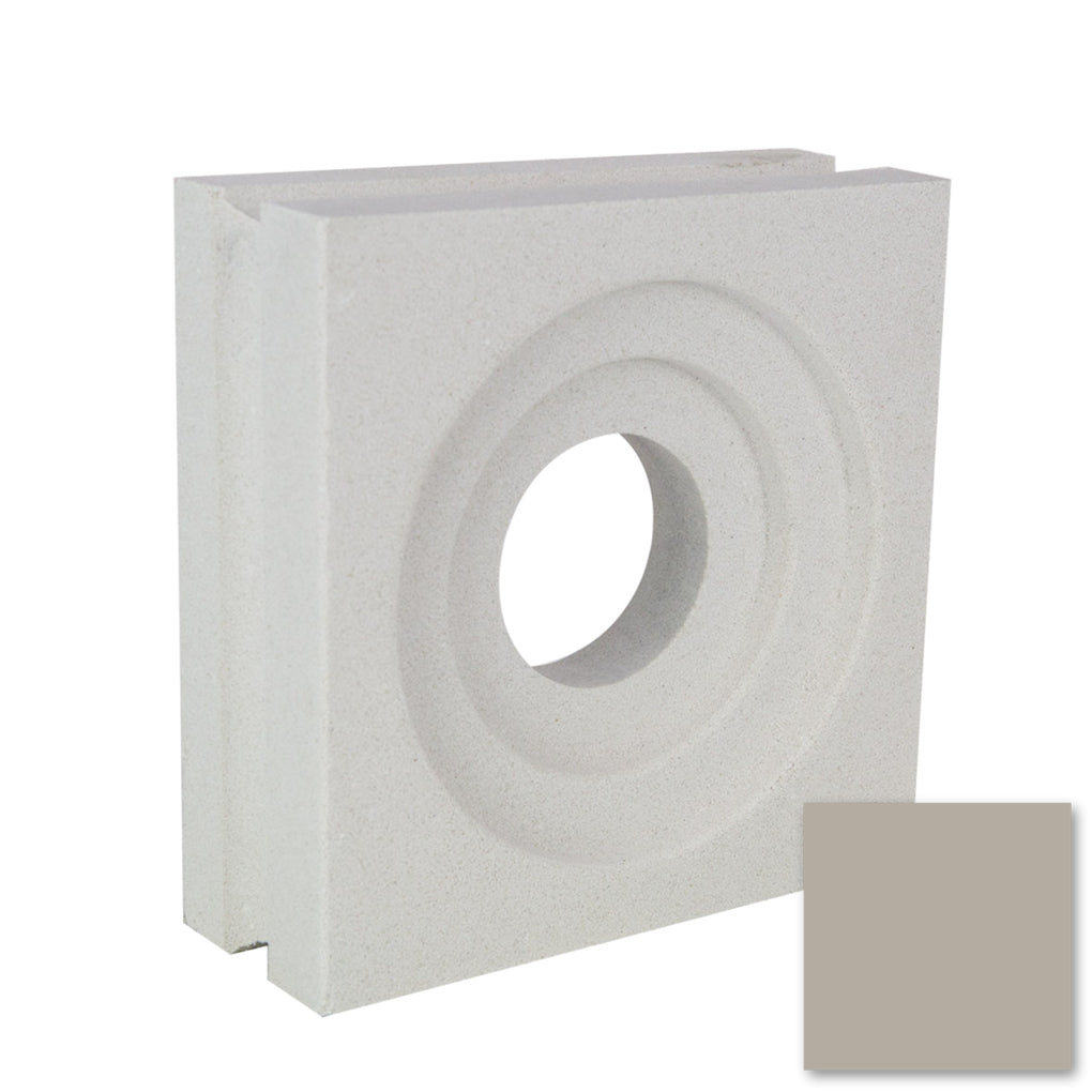 Luzi Sample by New York Cement Tile: square beige breeze block with circular hole, concentric grooves, and color sample.