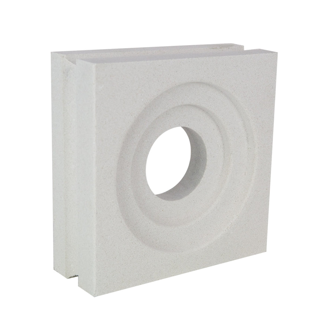 Luzi Sample by New York Cement Tile: square white breeze block with a large circular hole, ideal for decorative partitions.