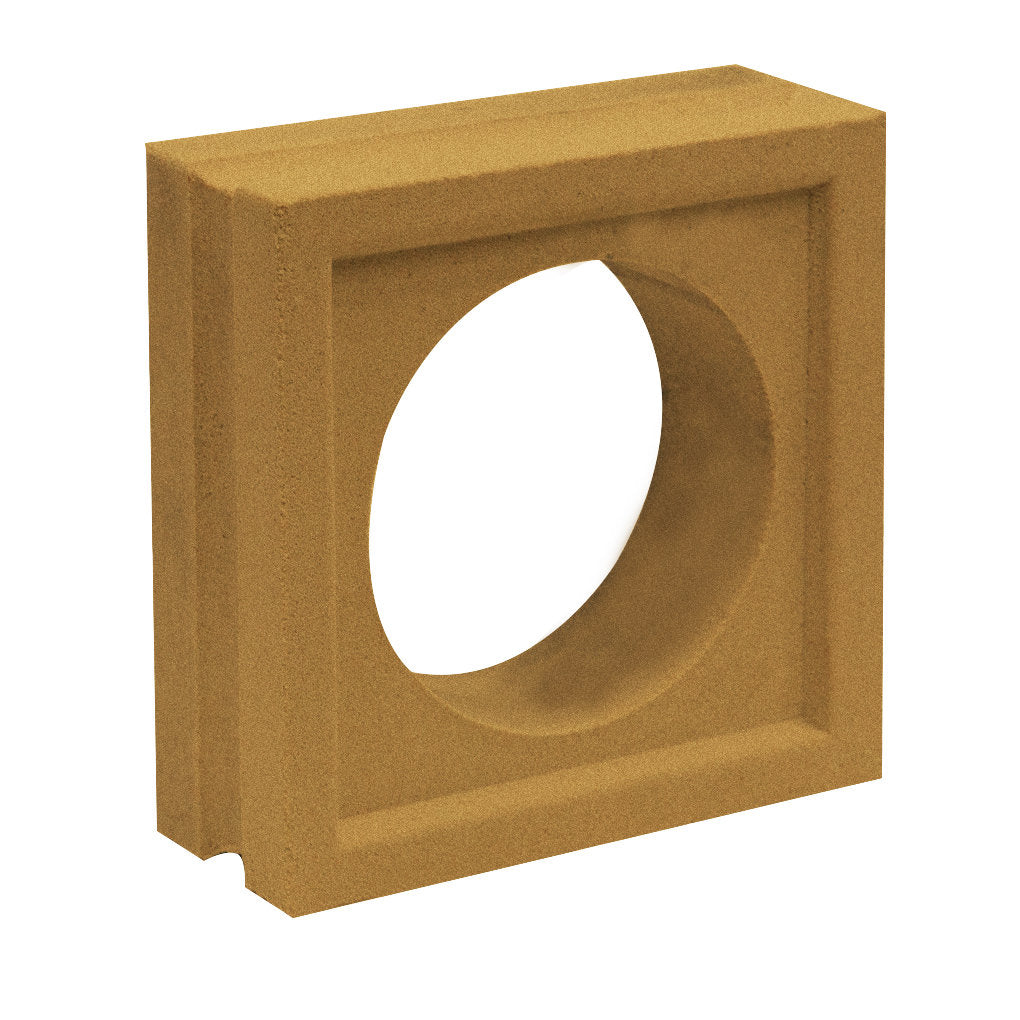 The Maldi privacy screen by New York Cement Tile is square, brown concrete with a large central circular hole, shown at an angle.