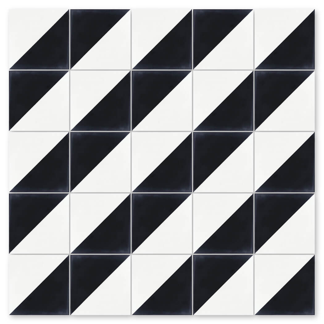 The N20-139 Black & White tile by New York Cement Tile displays a diagonal zigzag pattern across its square surface.