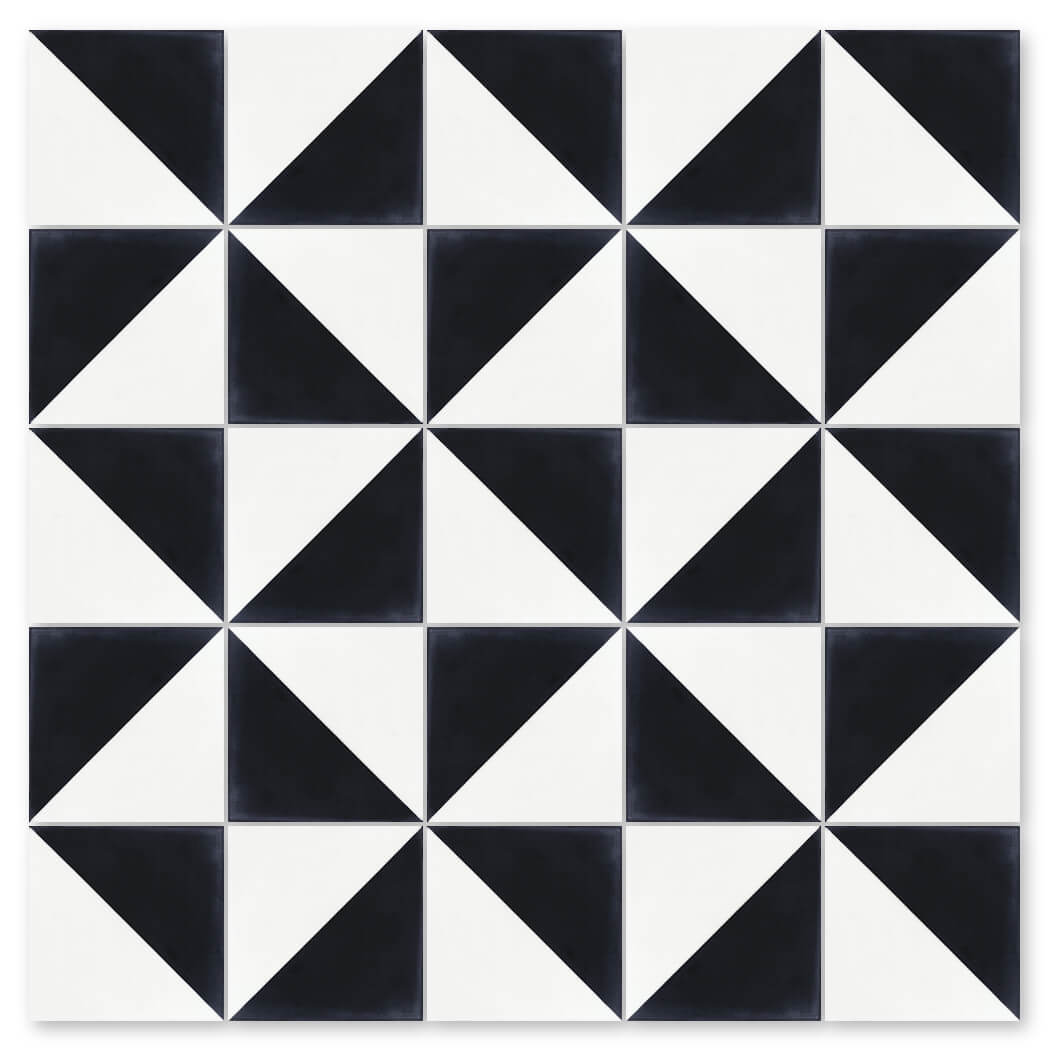 The N20-139 Black & White by New York Cement Tile features geometric diamond patterns on sustainable cement tiles.