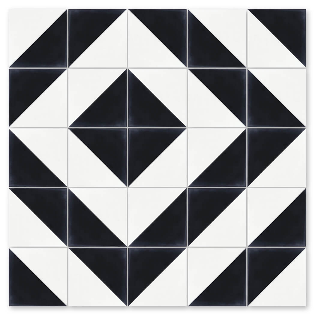 The N20-139 Black & White sample by New York Cement Tile features concentric diamond patterns of black and white triangles.