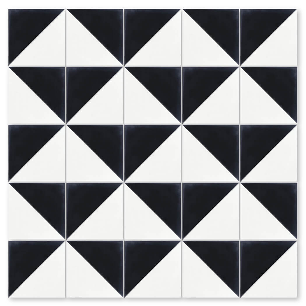 The N20-139 Black & White Sample by New York Cement Tile features a geometric, diamond pattern with sustainable design.
