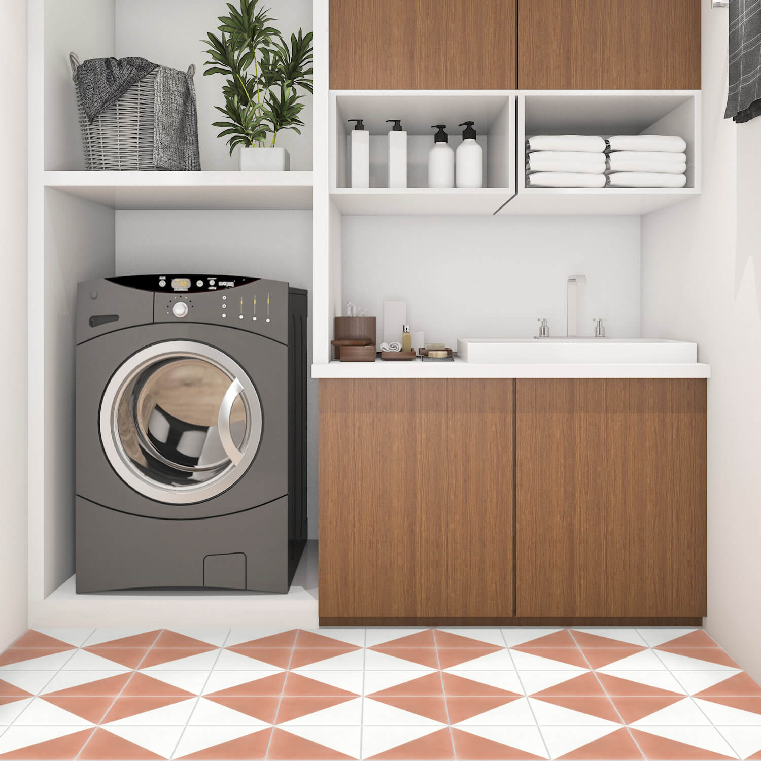 A modern laundry room with a front-load washer, sink, shelves, and N20-139 Misty Coral & White tiles by New York Cement Tile.