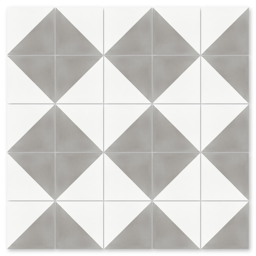 The N20-139 Soft Slate & White by New York Cement Tile features gray and white diamonds on durable cement tiles for stylish floors.