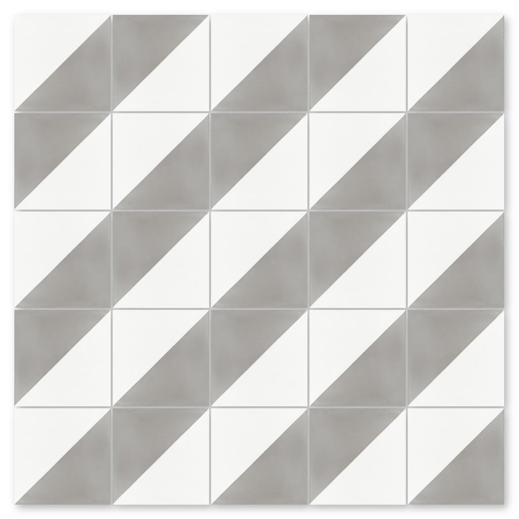 The N20-139 Soft Slate & White by New York Cement Tile forms a striped geometric grid with alternating gray and white halves.