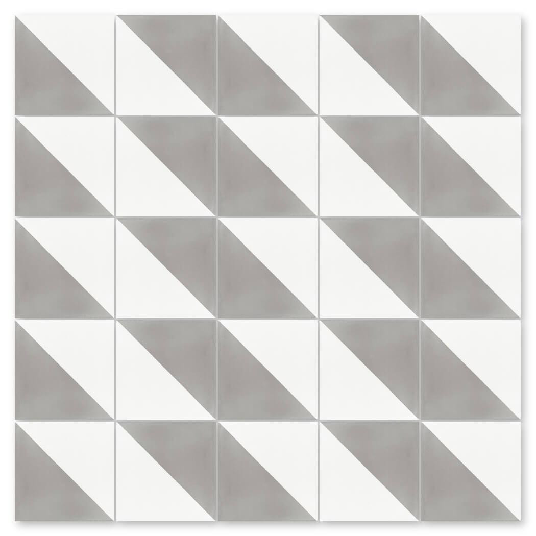 The N20-139 Soft Slate & White by New York Cement Tile features split gray-white tiles for a bold geometric look.