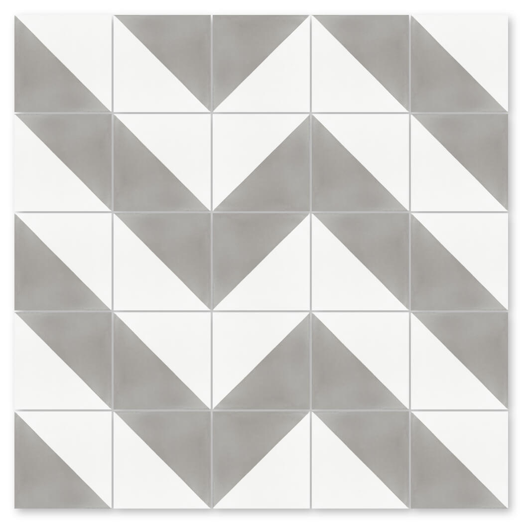 N20-139 Soft Slate & White by New York Cement Tile features gray and white zigzag tiles—ideal for sustainable accents.