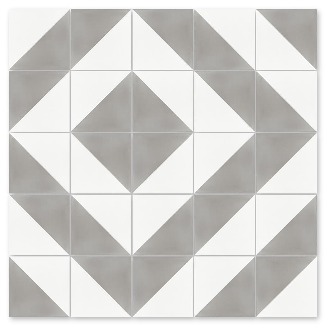 N20-139 Soft Slate & White by New York Cement Tile: gray and white triangles form diamond and arrow shapes on cement tiles.