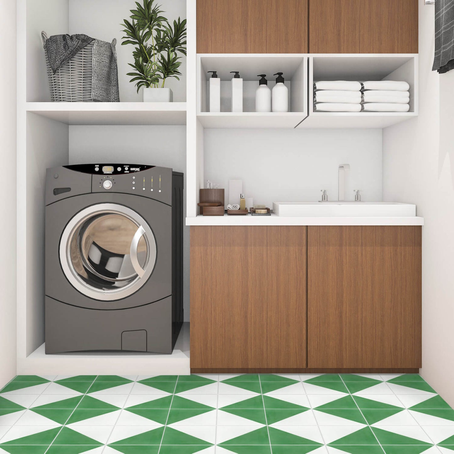 Modern laundry room with front-load washer, wood cabinets, sink, plants, towels & N20-139 Green & White tiles by New York Cement Tile.