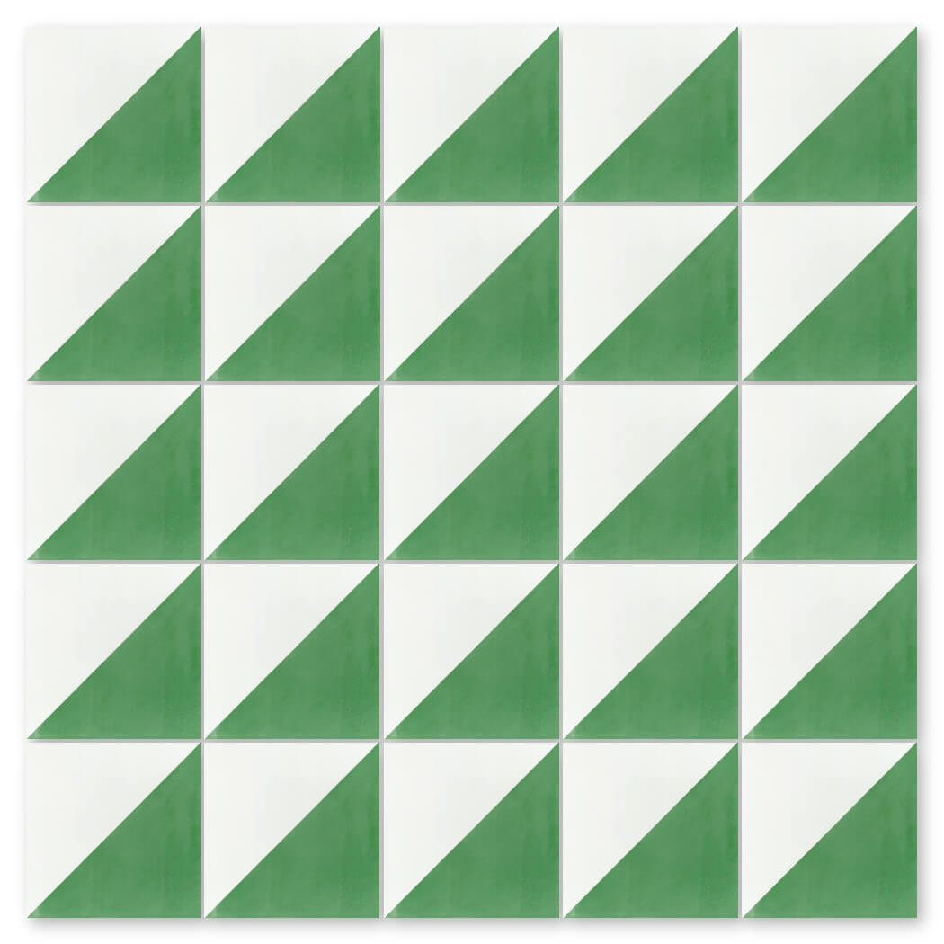 The N20-139 Green & White by New York Cement Tile features green and white triangles in a geometric square tile pattern.