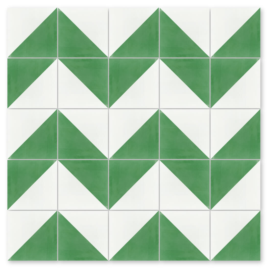 The N20-139 Green & White by New York Cement Tile features a chevron pattern for durable, stylish flooring.