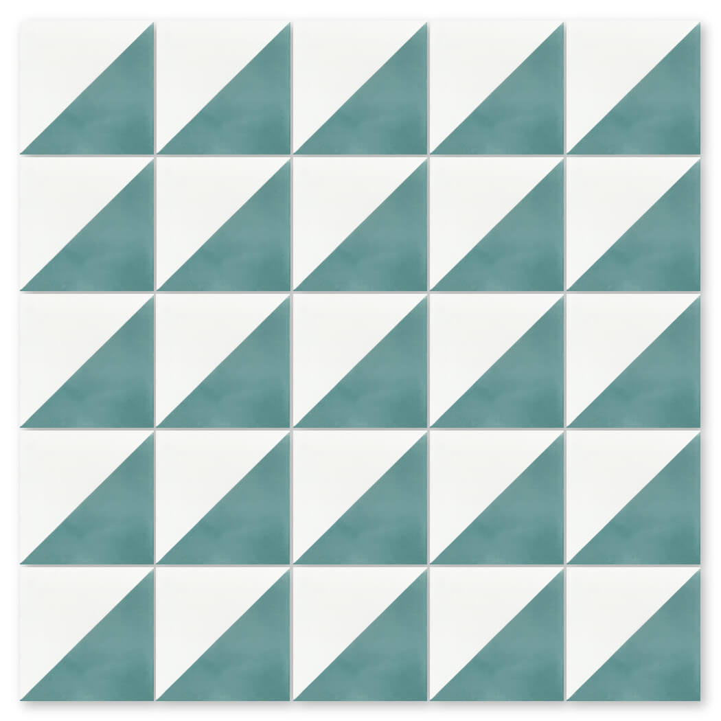 A grid of 25 teal and white triangles in the N20-139 Malibu & White sample by New York Cement Tile evokes handmade tiles.