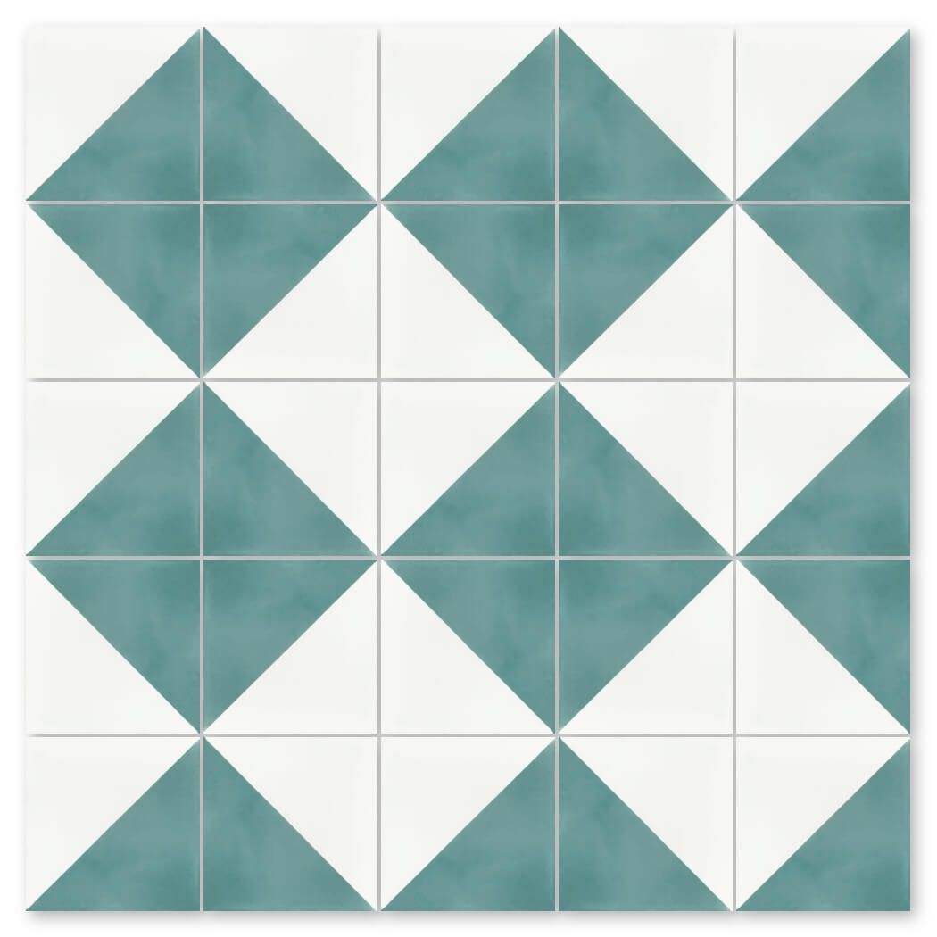 N20-139 Blue & White by New York Cement Tile: geometric diamond pattern with teal and white triangles, handcrafted detail.