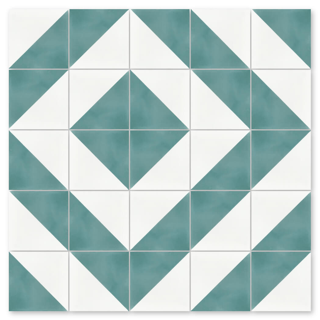 The N20-139 Blue & White by New York Cement Tile features teal and white diamonds in a geometric pattern on cement tiles.