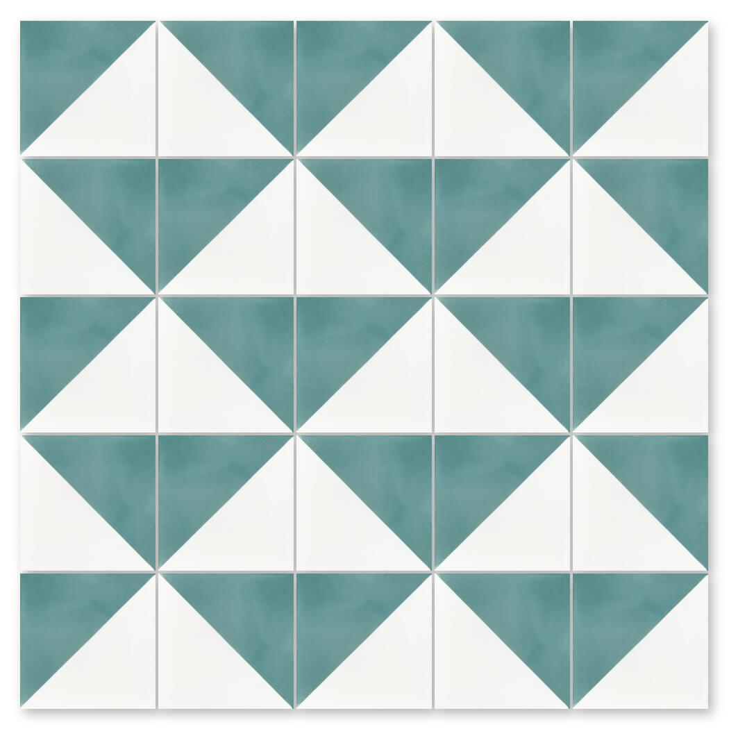 The N20-139 Blue & White by New York Cement Tile features square tiles split diagonally into white and blue triangles.