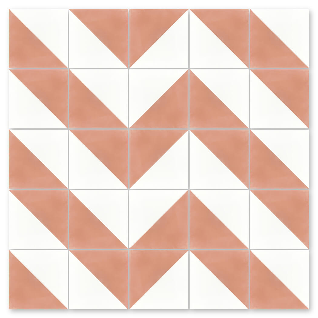 The N20-139 Misty Coral & White tile by New York Cement Tile features a chevron of diagonal white and coral triangles.