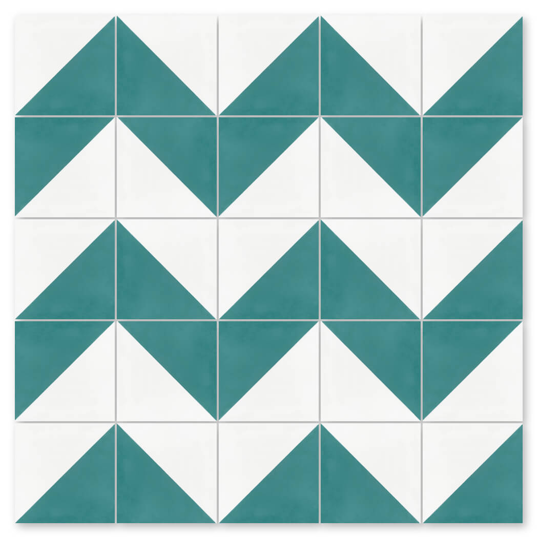The N20-139 Icy Lagoon & White by New York Cement Tile features a zigzag chevron of teal and white handcrafted tiles.
