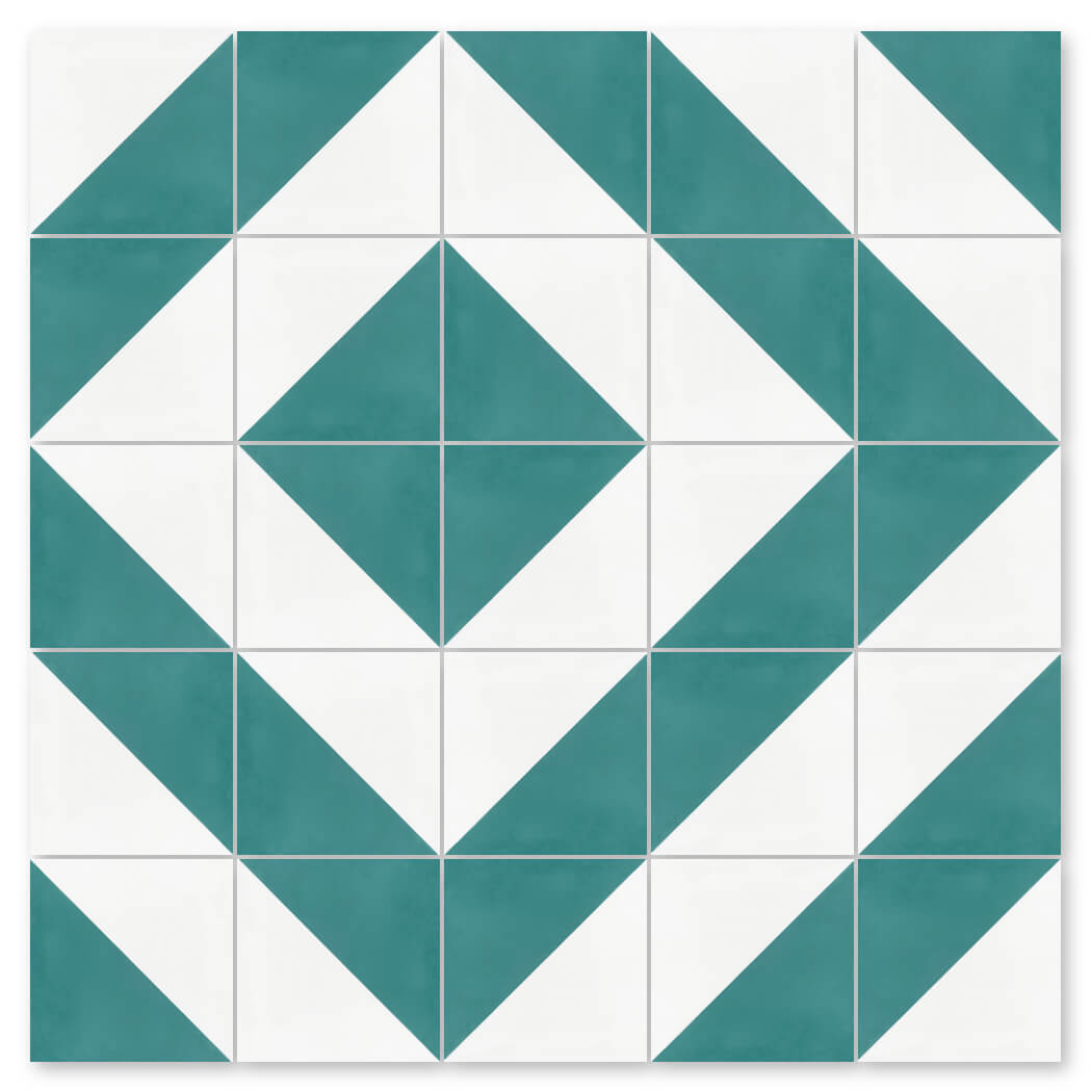 N20-139 Icy Lagoon & White by New York Cement Tile features teal and white triangles in a diamond geometric pattern.