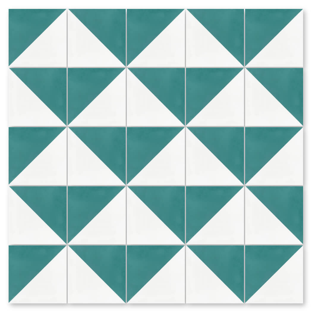 The N20-139 Icy Lagoon & White tile by New York Cement Tile features teal and white diamonds, ideal for stylish, durable floors.