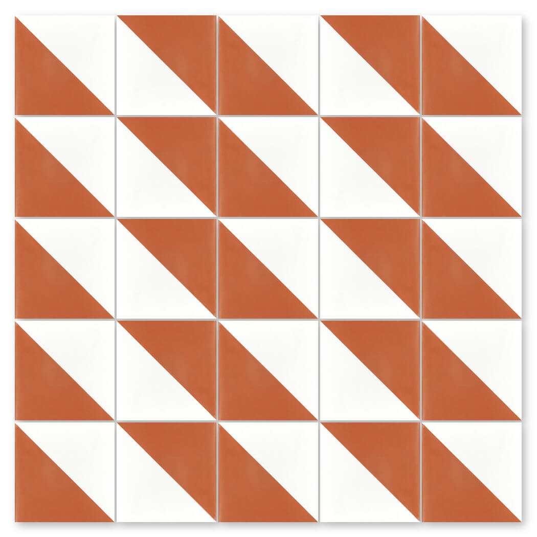 N20-139 Terracotta & White by New York Cement Tile: diagonally split tiles make a geometric terracotta and white grid.