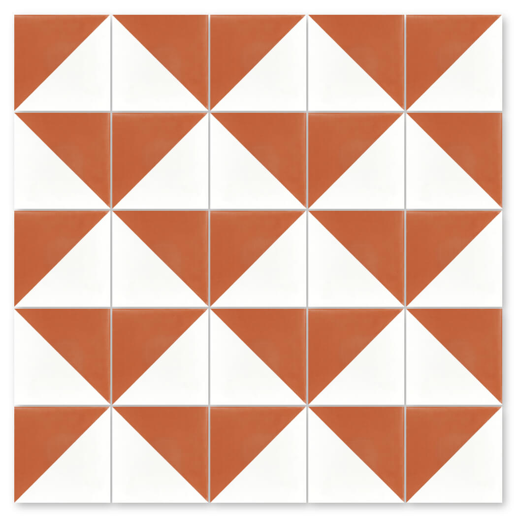 N20-139 Terracotta & White by New York Cement Tile features red and white triangles in a repeating diamond pattern.