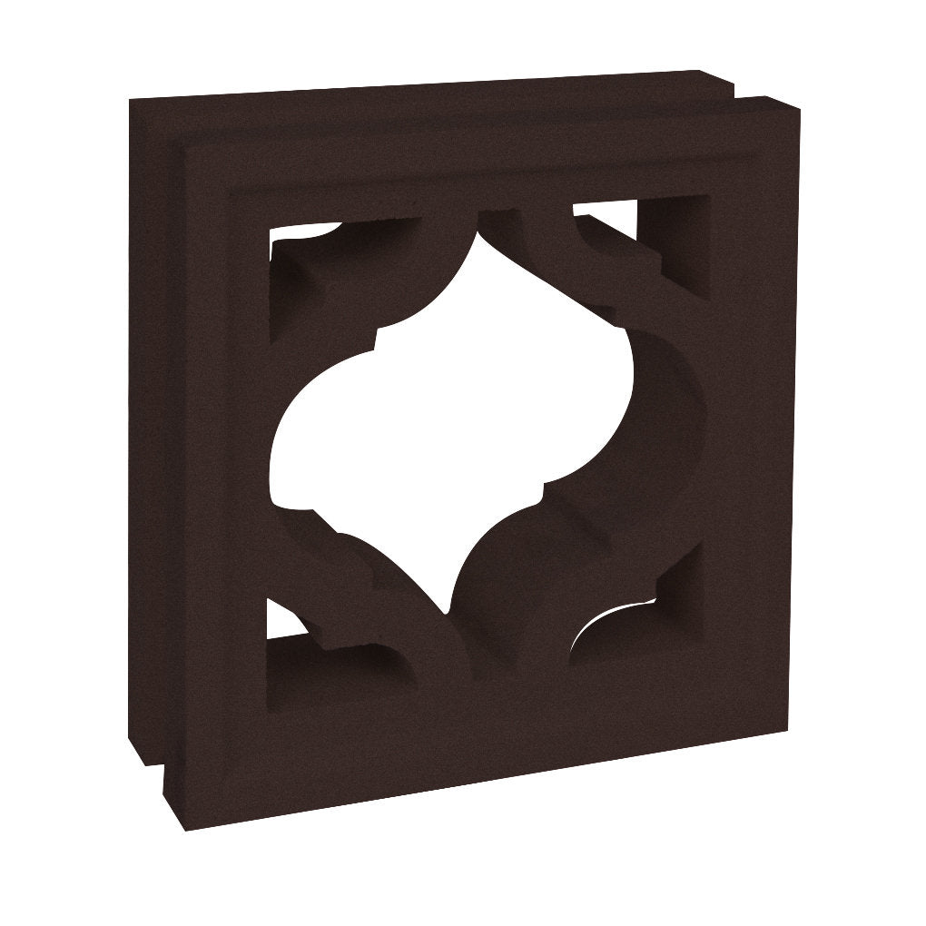 The Myko by New York Cement Tile is a brown square breeze block with a quatrefoil cut-out, ideal for stylish partitions.